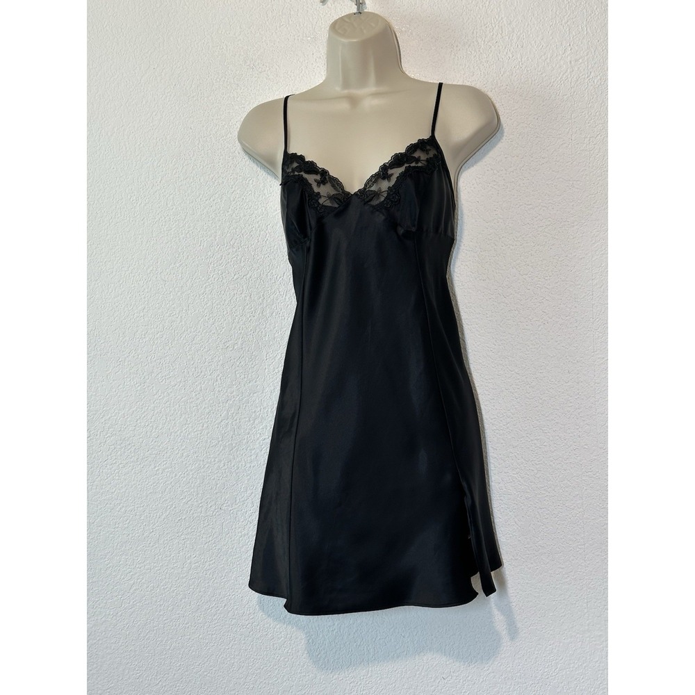 Victoria's Secret Y2K Black & Lace Satin Chemise Slip Dress Sz L Dainty Coquette